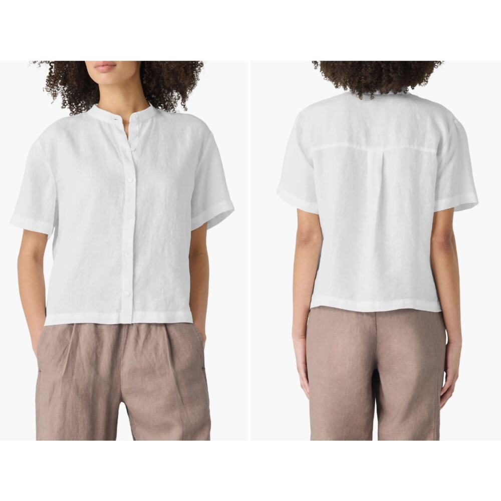 NWOT Eileen Fisher Short Sleeve Organic Lenin Button-Up Shirt in White Size XS